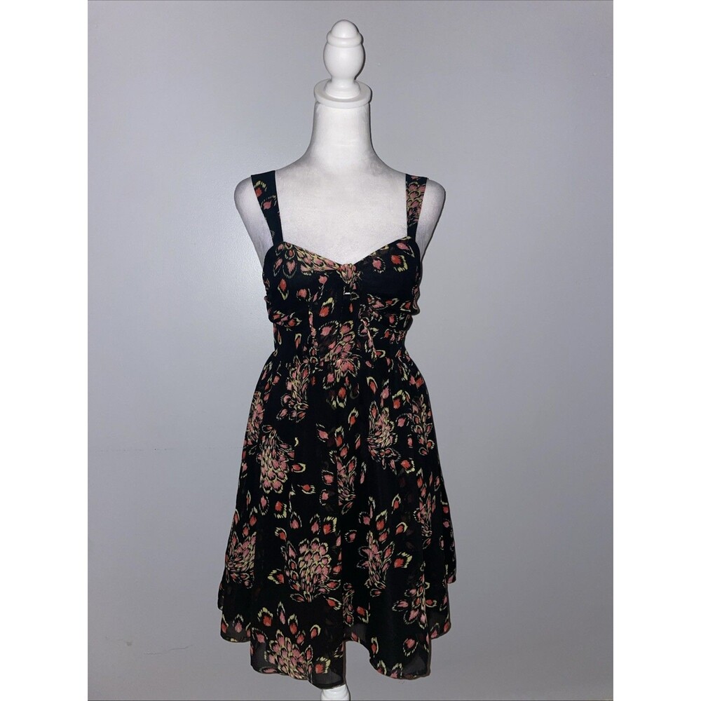 Candie's Dress 3 Black Pink Peacock Feather Babydoll Mini Juniors Small